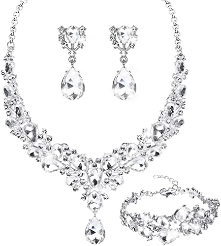 Milacolato Strass Schmuckset Halskette Ohrringe Armband Brautschmuck Set für Bräute Brautjungfer Teardrop Cluster Kristall Damen Schmuck Set für Hochzeit Abschlussball von Milacolato