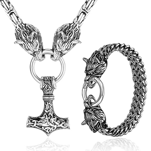 Milacolato Thors Hammer Königskette Halskette Armband Set Herren Edelstahl Wikinger Schmuck Mjölnir Anhänger Halskette 61cm Byzantinische Kette Und Keltischer Panzerkette Wolfskopf Armreif Silber von Milacolato