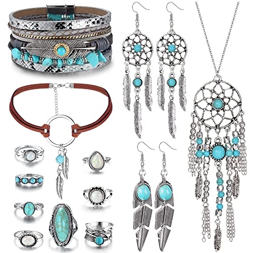 Milacolato Western Schmuck Für Frauen Türkis Anhänger Halskette Wester Drop Dangle Ohrringe Türkis-Kunstleder Geschichtete Armbänder Boho Knöchelringe Set Böhmisches Schmuckset von Milacolato
