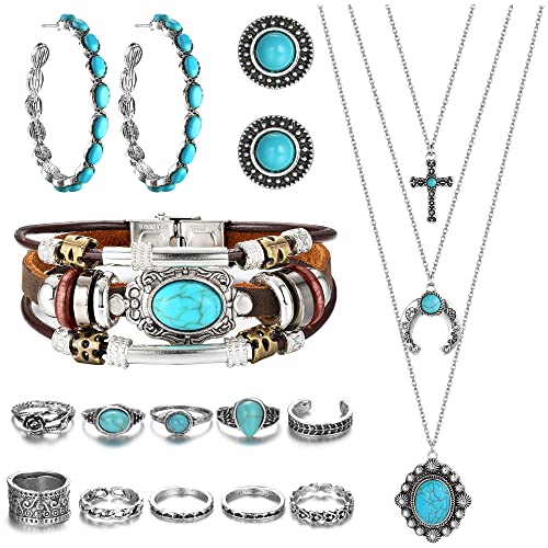 Milacolato Western Schmuck Für Frauen Türkis Anhänger Halskette Wester Drop Dangle Ohrringe Türkis-Kunstleder Geschichtete Armbänder Boho Knöchelringe Set Böhmisches Schmuckset von Milacolato