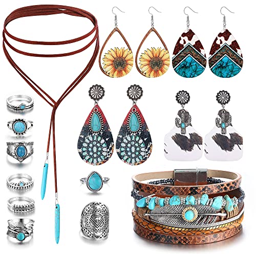 Milacolato Western Schmuck Für Frauen Türkis Anhänger Halskette Wester Drop Dangle Ohrringe Türkis-Kunstleder Geschichtete Armbänder Boho Knöchelringe Set Böhmisches Schmuckset von Milacolato