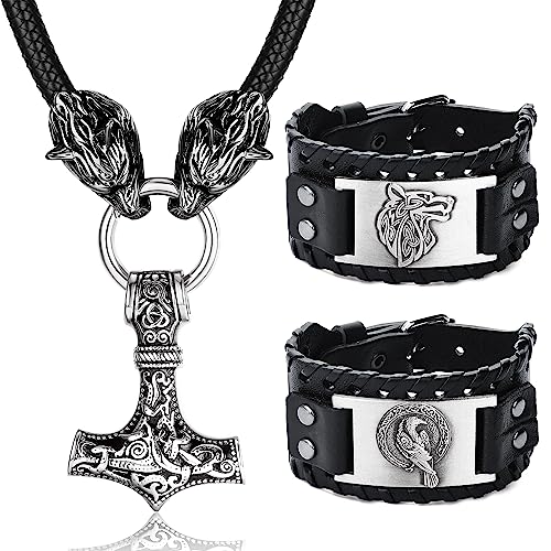 Milacolato Wikinger Kette Herren Thors Hammer Kette Norse Viking Thor's Hammer Echtleder Halskette, Edelstahl Männer Vintage Original Anhänger Armband Mjolnir Silber von Milacolato