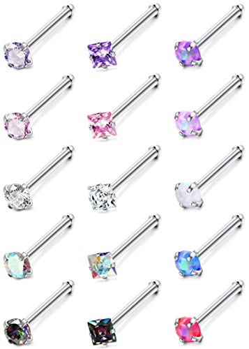 Milacolato15 Stück 20G Nasenstecker Chirurgischer Edelstahl Nasenring L-förmige Schraube Ohrstecker Ringe Zirkonia Nasenring Labret Nasenpiercing Stecker Schmuck für Damen Herren Ich von Milacolato