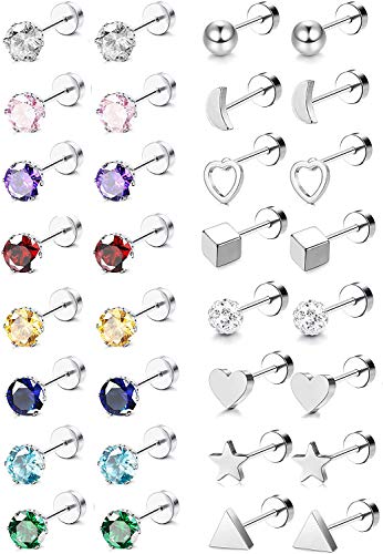 Milacolato16Pairs 20G Edelstahl Piercing Ohr Tragus Knorpel Ohrstecker Set für Damen Langhantel Helix Tragus Conch CZ Screwback Ohrringe Set Ohr Piercings Stecker Schmuck flacher Rücken von Milacolato