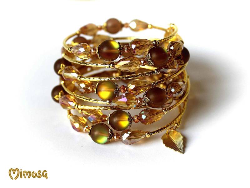 Funkelndes Kristall Perlenarmband, Multistrang Gewickeltes Armband, Braun Gold Manschette, Frau Multistring Statement Schmuck, Klobiges Armband von MiladyMimosa