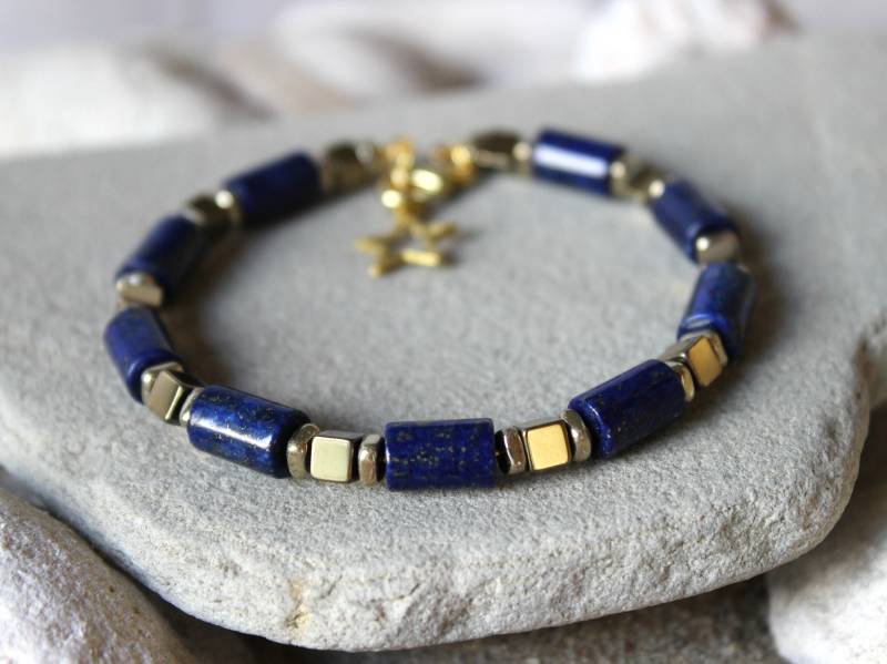 Lapis Lazuli Und Hämatit Armband, Frau Edelstein Kristall Schmuck, September Birthstone Blaugold Chakra Energie Armband von MiladyMimosa