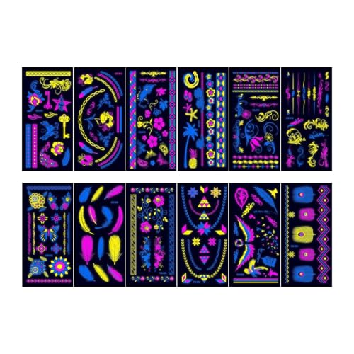 Milageto 12Pcs Glow in The Dark Tattoos Blacklight Reactive Licht Aufkleber für Erwachsene Teens Körper Farbe, Style A von Milageto
