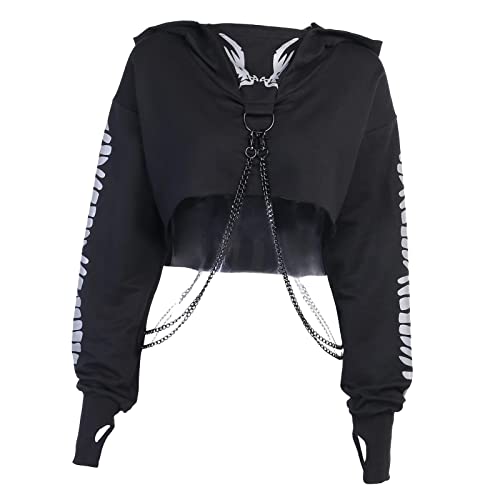 Milageto Damen Metallkette Hoodie Pullover Crop Top Gothic Sweatshirt Dancewear Tops, M. von Milageto