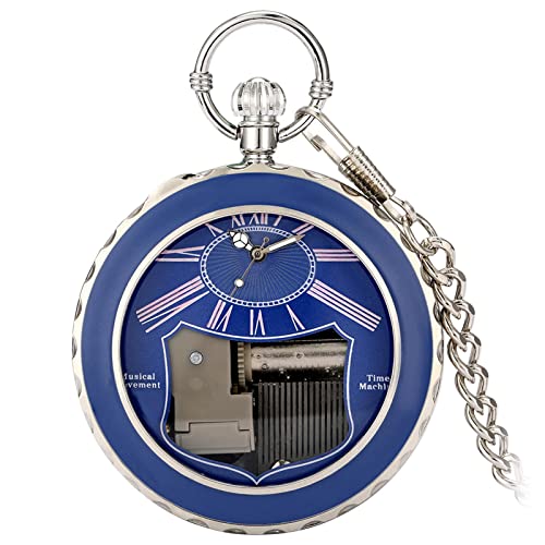 Milageto -Taschenuhr mit Musikwerk/Kunst Sammlerstücke Retro personalisiert glatt einzigartig mit Kette/zum Abschluss Weihnachten Herren /, Blau von Milageto