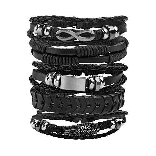 MILAKOO 5 Stück Geflochtene Lederarmbänder Einstellbar Manschette Armband für Männer Damen (Schwarz) von MILAKOO