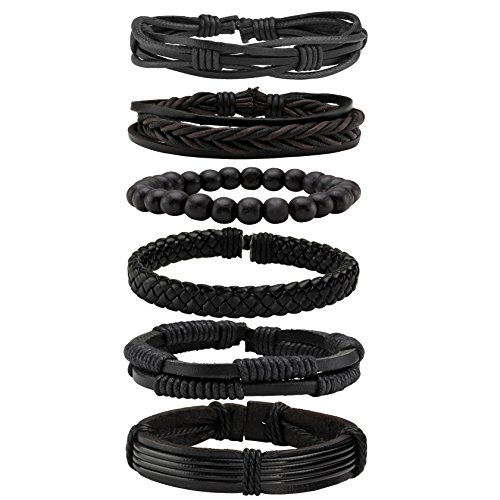 MILAKOO 6 Stk. Schwarz geflochtene Lederarmbänder für Männer Frauen Manschette Wickel Armbänder von MILAKOO