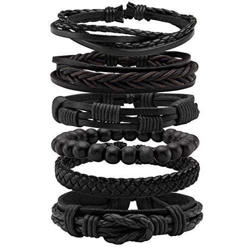 MILAKOO 6 STK. Schwarz geflochtene PU Lederarmbänder für Männer Frauen Manschette Wickel Armbänder von MILAKOO