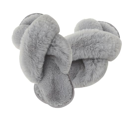Milaloko Frauen Fluffy Cross Band Haus Hausschuhe Fuzzy Open Toe Hausschuhe Gemütliche Plüsch Slip-on Home Schuhe Indoor Outdoor, Grau, 36-37 von Milaloko