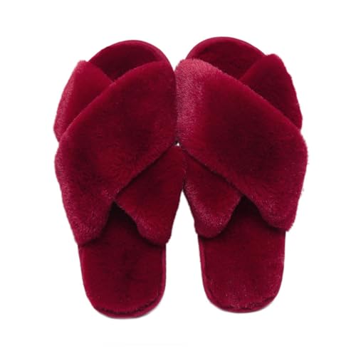 Milaloko Frauen Fluffy Cross Band Haus Hausschuhe Fuzzy Open Toe Hausschuhe Gemütliche Plüsch Slip-on Home Schuhe Indoor Outdoor, Rot, 36-37 von Milaloko