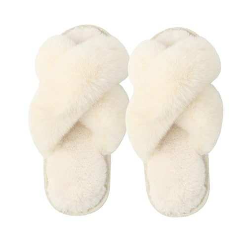 Milaloko Frauen Fluffy Cross Band Haus Hausschuhe Fuzzy Open Toe Hausschuhe Gemütliche Plüsch Slip-on Home Schuhe Indoor Outdoor, Weiß, 40-41 von Milaloko