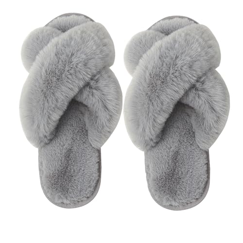 Milaloko Frauen Fluffy Cross Band Haus Hausschuhe Fuzzy Open Toe Hausschuhe Slip-on Cozy Plüsch Home Schuhe Indoor Outdoor, Grau, 36-37 von Milaloko