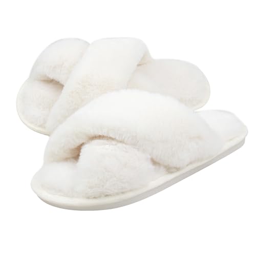 Milaloko Frauen Fluffy Cross Band Haus Hausschuhe Fuzzy Open Toe Hausschuhe Slip-on Cozy Plüsch Home Schuhe Indoor Outdoor, Weiß, 36-37 von Milaloko