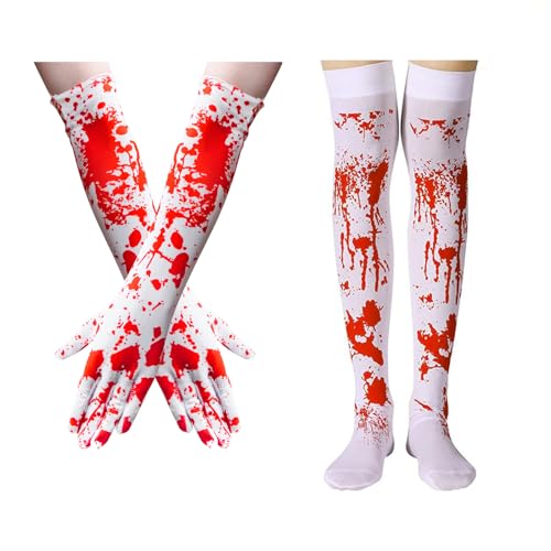 Milaloko Halloween Blutige hohe Socken und Blut Handschuhe Langarm Volle Finger Handschuhe Frauen Strümpfe für Halloween Cosplay Kostüm Party von Milaloko