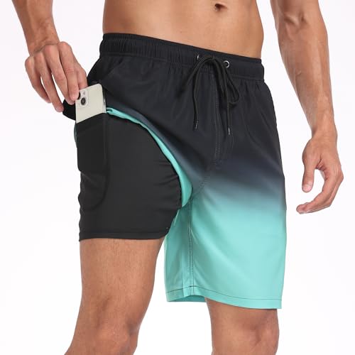 Milaloko Herren Badehose Schnelltrocknend Badeshorts Kurzen Strandhose Sporthose Schwimmhose Boardshorts mit Kompressionsfutter, Blau, M von Milaloko
