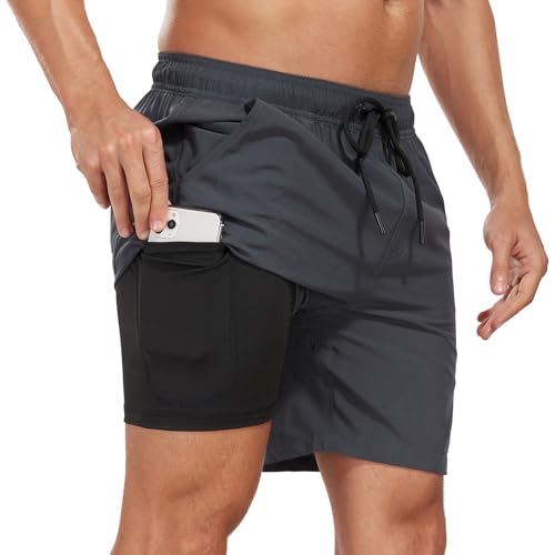 Milaloko Herren Badehose Schnelltrocknend Badeshorts Kurzen Strandhose Sporthose Schwimmhose Boardshorts mit Kompressionsfutter, Grau, XXL von Milaloko