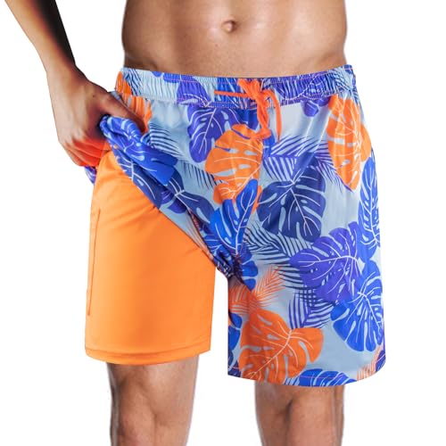 Milaloko Herren Badehose Schnelltrocknend Badeshorts Kurzen Strandhose Sporthose Schwimmhose Boardshorts mit Kompressionsfutter, Orange, M von Milaloko