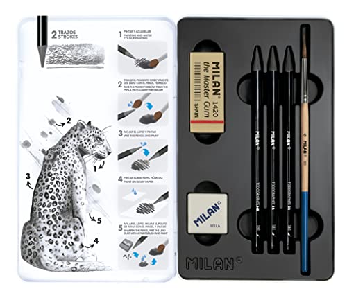 MILAN Metalldose mit 3 Graphit-Bleistiften (HB, 4B und 8B) 1 Anspitzer Afilo 1 The Master Gum 1 Pinsel, 07168103C von MILAN