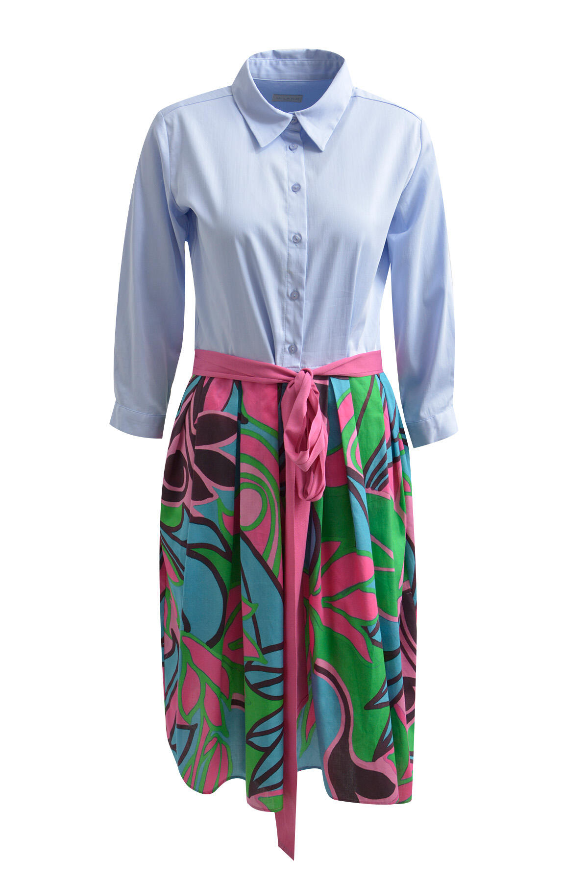 Milano Italy - Dress with collar, placket, 1/1 sleeves, wide skirt and belt kiwi print - Gr. - 40 von Milano Italy