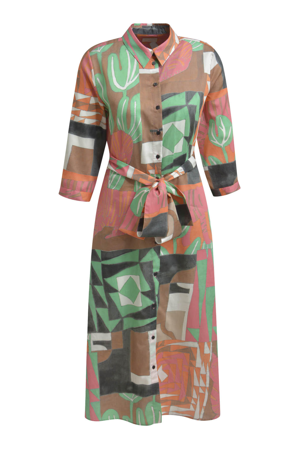 Milano Italy - Dress with collar + placket, 3/4 sleeve w tum up + belt colorful print - Gr. - 36 von Milano Italy