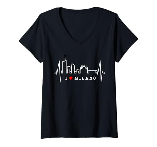 Damen Mailand Skyline Italien Herzschlag Fan Herz Ich Liebe Milano T-Shirt mit V-Ausschnitt von Milano Skylines für Italiener & Mailand Fans