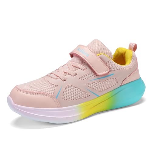 Kinder Sneaker Mädchen Jungen mit Klettverschluss | Bequeme Sportschuhe mit bunter Sohle | rutschfest Atmungsaktiv für Schule Freizeit Laufen Rosa 35Eu von Milazzo