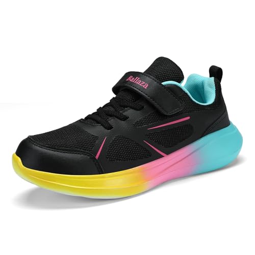 Kinder Sneaker Mädchen Jungen mit Klettverschluss | Bequeme Sportschuhe mit bunter Sohle | rutschfest Atmungsaktiv für Schule Freizeit Laufen Schwarz 36EU von Milazzo