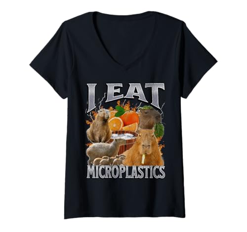 Damen I Eat Microplastics Funny Capybara Meme Bootleg Y2K Grafik T-Shirt mit V-Ausschnitt von MildlyPerturbed
