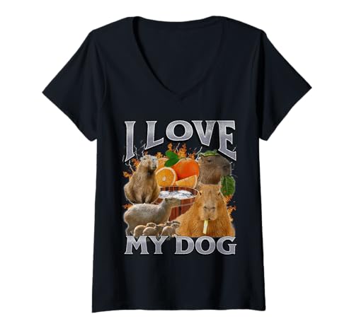 Damen I Love My Dog Funny Capybara Meme Bootleg Y2K Grafik T-Shirt mit V-Ausschnitt von MildlyPerturbed