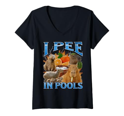 Damen I Pee In Pools Funny Capybara Meme Bootleg Y2K Grafik T-Shirt mit V-Ausschnitt von MildlyPerturbed