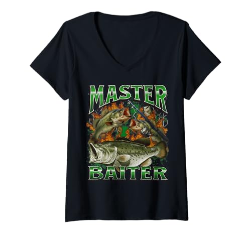 Damen Master Baiter Funny Offensive Fishing Meme Bootleg Grafik T-Shirt mit V-Ausschnitt von MildlyPerturbed