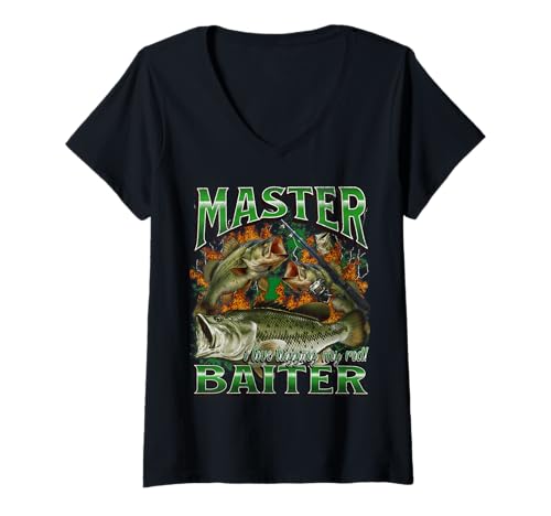 Damen Master Baiter Funny Offensive Fishing Meme Bootleg Grafik T-Shirt mit V-Ausschnitt von MildlyPerturbed