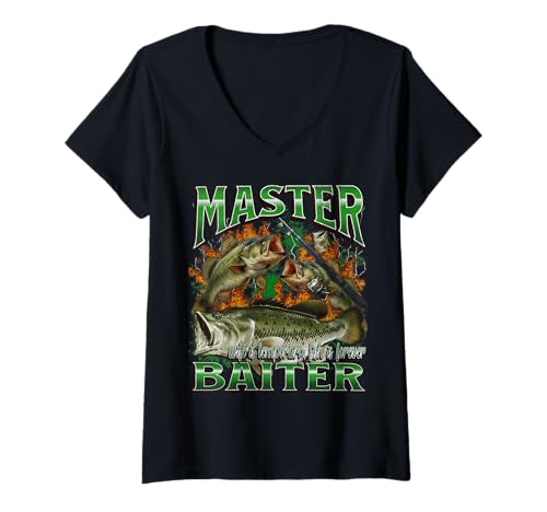 Damen Master Baiter Funny Offensive Fishing Meme Bootleg Grafik T-Shirt mit V-Ausschnitt von MildlyPerturbed