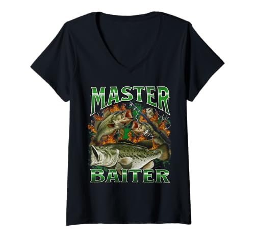 Damen Master Baiter Funny Offensive Fishing Meme Bootleg Grafik T-Shirt mit V-Ausschnitt von MildlyPerturbed