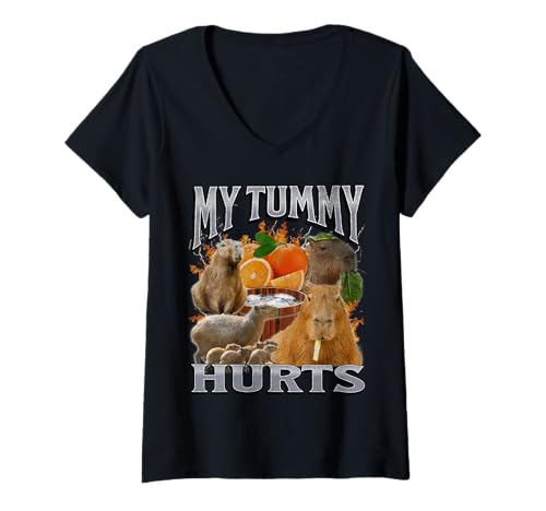 Damen My Tummy Hurts Funny Capybara Meme Bootleg Grafik T-Shirt mit V-Ausschnitt von MildlyPerturbed