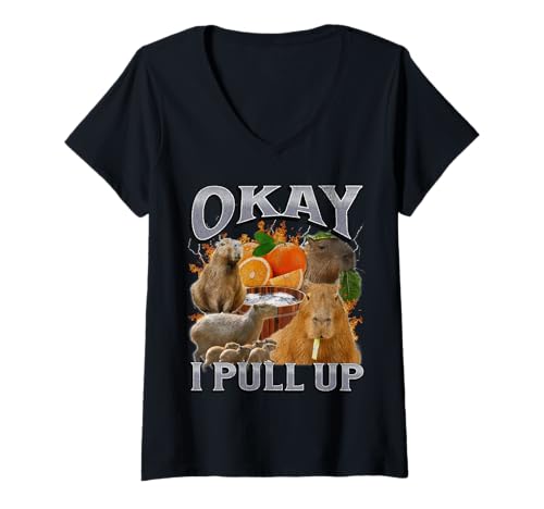 Damen Okay I Pull Up Funny Capybara Meme Bootleg Y2K Grafik T-Shirt mit V-Ausschnitt von MildlyPerturbed