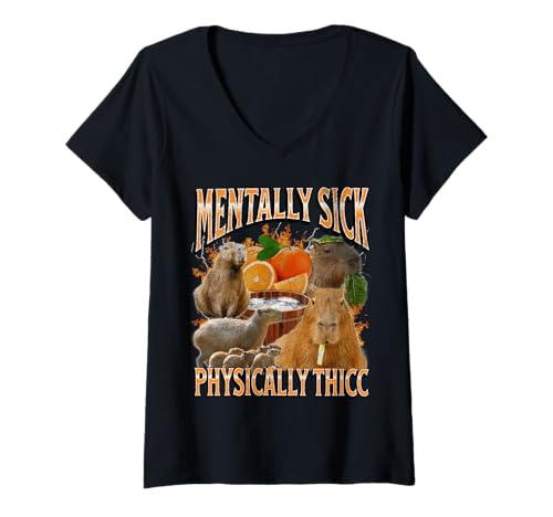 Damen Physikalisch Dicke lustige Capybara-Meme-Bootleg Y2K-Grafik T-Shirt mit V-Ausschnitt von MildlyPerturbed