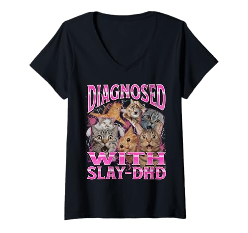 Damen Slay-DHD Funny ADHS Cat Meme Bootleg Graphic 90s T-Shirt mit V-Ausschnitt von MildlyPerturbed