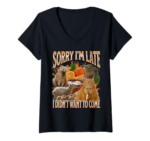 Damen Sorry I'm Late Funny Capybara Meme Bootleg Y2K Grafik T-Shirt mit V-Ausschnitt von MildlyPerturbed