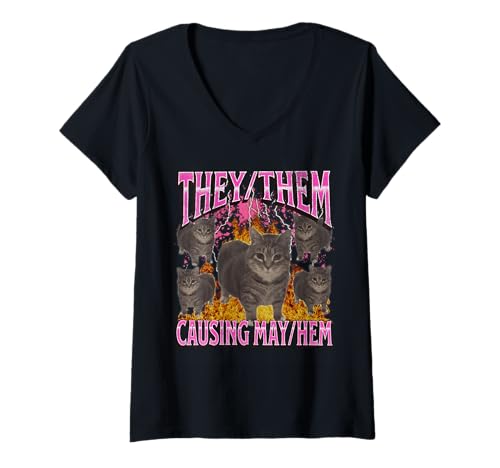 Damen They Them Causing Mayhem Funny Cat Meme Bootleg Grafik T-Shirt mit V-Ausschnitt von MildlyPerturbed