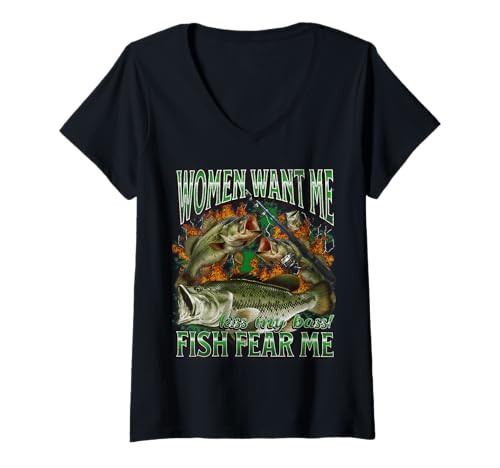Damen Women Want Me Fish Fear Me Lustiges Angel-Meme-Bootleg T-Shirt mit V-Ausschnitt von MildlyPerturbed