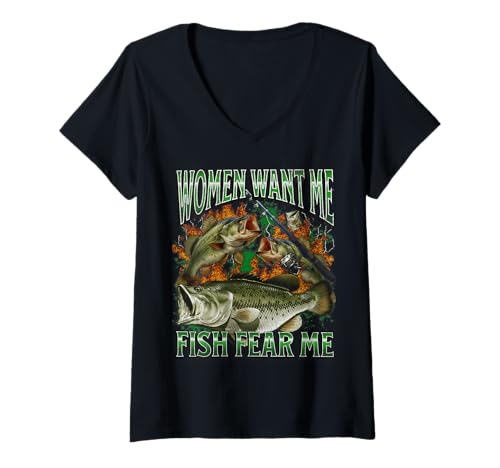 Damen Women Want Me Fish Fear Me Lustiges Angel-Meme-Bootleg T-Shirt mit V-Ausschnitt von MildlyPerturbed