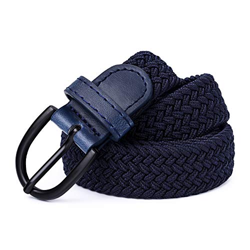 Mile High Life Junior geflochtene elastische Stretchgürtel | Dornschnalle | PU Loop-Endspitze | Jungen Mädchen | 2,5 cm breit (Navy, Medium 56cm (71cm Length)) von Mile High Life