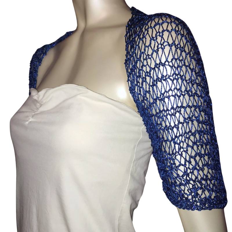 Blau Metallic Bolero Shrug, Häkeln Halbe Ärmel Hochzeit Kurze Jacke, Party Tanz Shinnig Schultern Cover Up Blau Metallic Bolero Shrug, Häkeln Halbe Ärmel Hochzeit Kurze Jacke, Party Tanz Shinnig Schultern Cover Up von MilenaCh