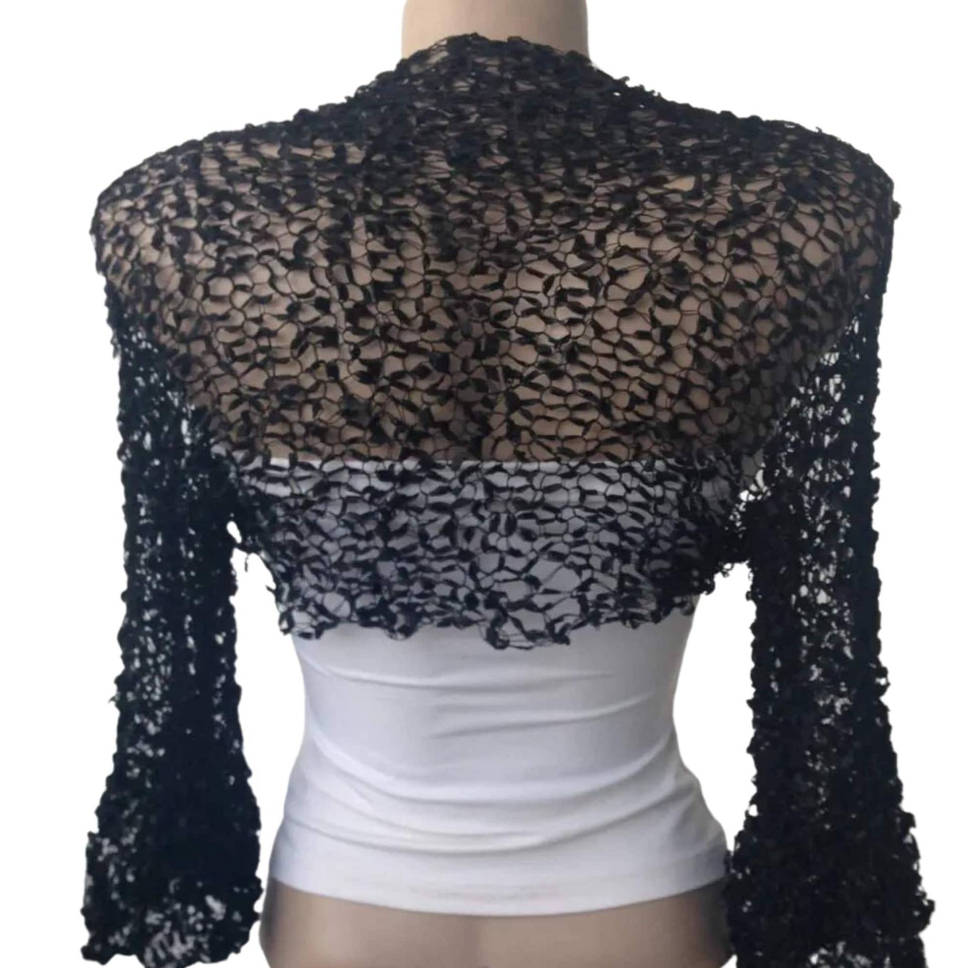 Schwarzer Häkeln Bolero Shrug, Abend Sommer 3/4 Rüschenärmel Kurze Jacke, Tanzparty, Seidige Schultern Verdecken Schwarzer Häkeln Bolero Shrug, Abend Sommer 3/4 Rüschenärmel Kurze Jacke, Tanzparty, Seidige Schultern Verdecken von MilenaCh