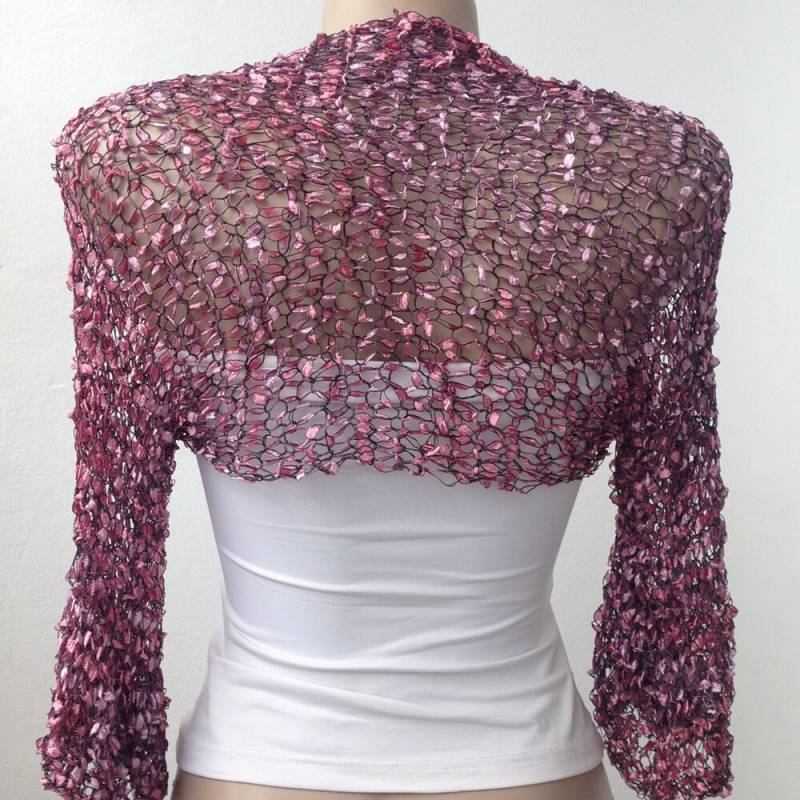 Sommer Bolero Shrug, Häkeln Rosa Schwarz Seidig Gestrickte Kurzjacke, 3/4 Rüschenärmel Vertuschen Sommer Bolero Shrug, Häkeln Rosa Schwarz Seidig Gestrickte Kurzjacke, 3/4 Rüschenärmel Vertuschen von MilenaCh